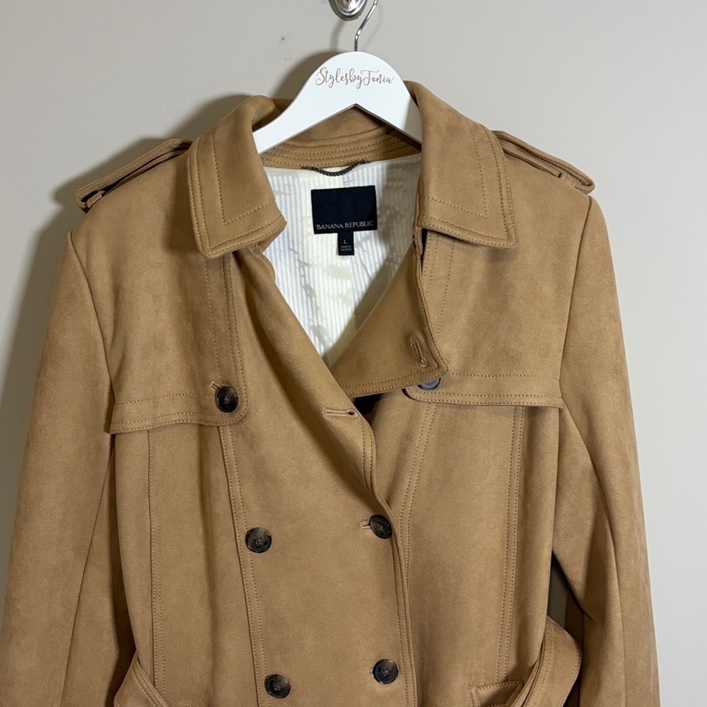 Banana Republic Classic Trench Suede Coat Tan Brown Belt Pockets Sz L - Picture 4 of 13